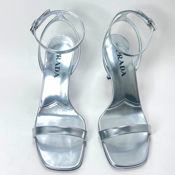 Prada Argento Donna Womens Sandals Metallic Leather Strappy Heels Size 38 US8 - Picture 4 of 16